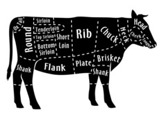 Parts of cow labeled as types of meat.